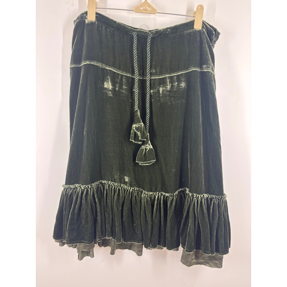 Joie Olive Green Velvet Midi Skirt Braided Tassel Drawstring Ruffle Hem Womens M